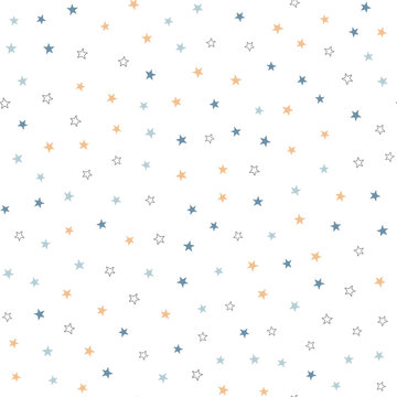 Repeated black, blue and brown stars on white background. Cute festive seamless pattern.