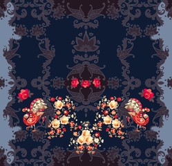 Half of towel with fairy peacocks and bunches of flowers on paisley ornamental background. Vector illustration.