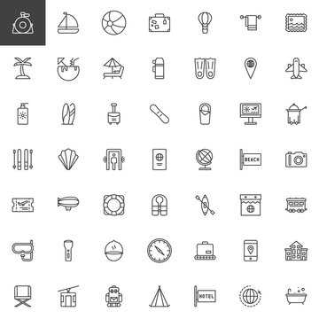 Universal travel line icons set, outline vector symbol collection, linear style pictogram pack. Signs, logo illustration. Set includes icons as passport, globe, ticket, hotel booking, plane, case