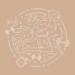 Vector illustration of the man jogging on a treadmill and different kinds of sports equipment arranged in a circle.
