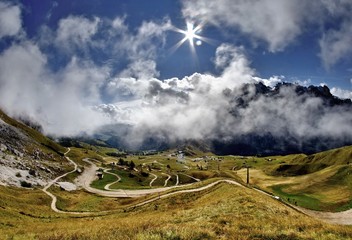 In the morning on the saddle of Gardena in the Italian Dolomites