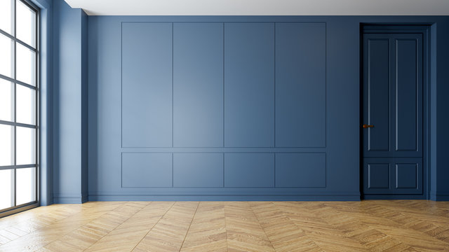 Modern vintage interior of living room,parquet flooring and blue wall,empty room  ,3d rendering