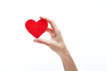 Red heart in woman hand isolated on white