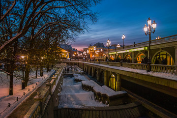 Alexander garden evening view at winter in Moscow, Russia