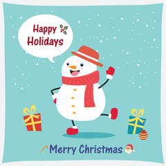 Vintage Christmas poster design with vector snowman, Santa Claus characters.
