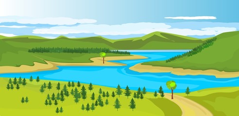 Naklejka premium Nature landscape view, river among hills, mountains in horizon, horizontal vector illustration