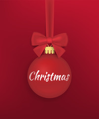 Merry Christmas. Realistic Christmas ball with bow and ribbon. Template for postcard, poster. Vector illustration