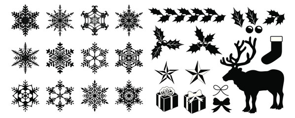 Christmas vector illustration - snowflakes , reindeer , stars , gifts , holly