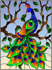 Naklejki  Illustration in stained glass style bird peacock and tree branches on background of blue sky
