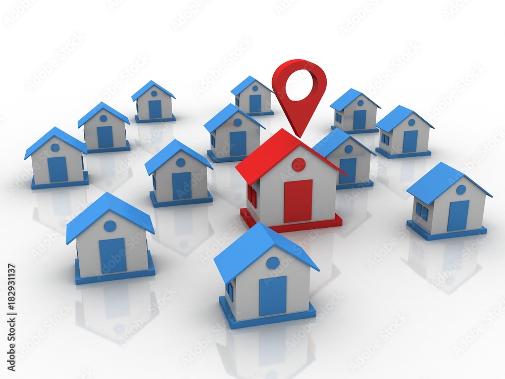 Poster 3d illustration search for property.a map with large red gps pointer containing