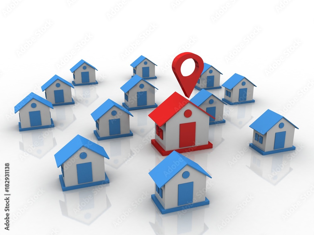 Poster 3d illustration search for property.a map with large red gps pointer containing
