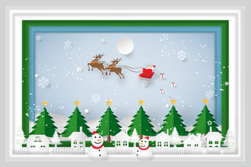 Santa Claus on Sleigh, Reindeer, x'mas tree and Snowman on snowflakes in the winter background frame as holiday, x'mas day and paper art and craft style concept. vector illustration.