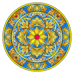 Illustration in stained glass style, round mirror image with floral ornaments and swirls