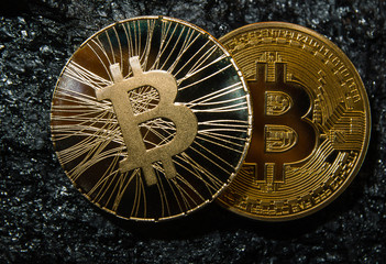 Bitcoin is a gold coin. The concept of crypto currency. Virtual currency background. coal mining, mining.