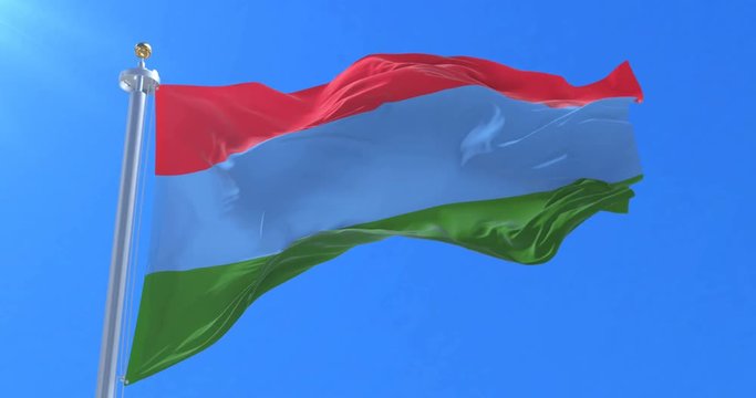 Flag of the Republic of Karelia waving at wind with blue sky in slow, loop