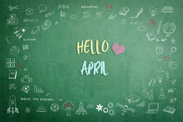 Hello April greeting on green school teacher's chalkboard with creative student's doodle of learning education graphic freehand illustration icon for back to school month concept