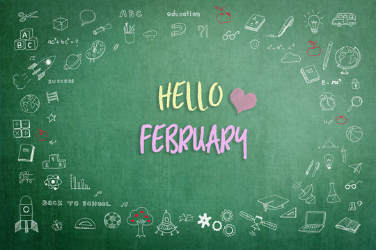Hello February greeting on green school teacher's chalkboard with creative student's doodle of learning education graphic freehand illustration icon for back to school month concept