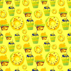 Sweet Seamless Pattern with Cakes, Donuts and Ice-cream. Appetizing Background for Design of Menu, Invitations, Pages of a Cookbook. Wonderful Print for Wrapping Paper, Fabric, Tiles, Wallpaper