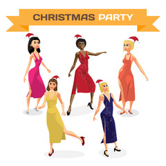 Set of beautiful sexy women dress dancing on night party. Vector