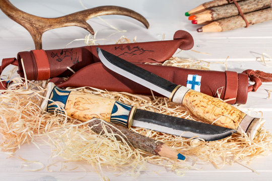 Traditional Finnish Belt Knives (Puukko) With Curving Cutting Edge And Leather Sheath Hand Crafted From Wood, Reindeer Horn And Steel, Finland's 100 Years Celebration