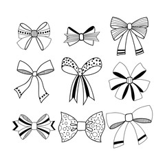 Obraz na płótnie Canvas Set of black and white, decorative bows. Ribbons and decorations for gifts. Vector