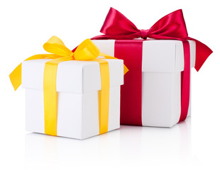 Two white gift boxes tied yellow and burgundy ribbon bow Isolated on white background