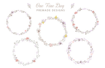 Collection of Rustic Floral Elements, Vectored Violet and Pink Wreath, Soft Pastel Color Bouquet, Greeting Card, Winter Flower Decoration