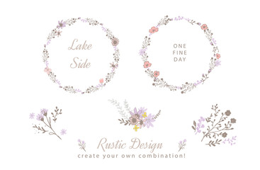 Collection of Rustic Floral Elements, Vectored Violet and Pink Wreath, Soft Pastel Color Bouquet, Greeting Card, Winter Flower Decoration