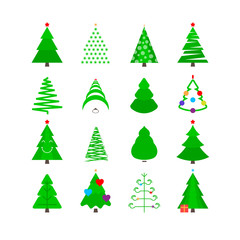 Green Christmas Tree Icon Set. Stylized Vector Fir-trees of Different Shapes Isolated on White