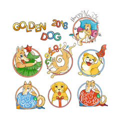 Set of yellow dog for New Year 2018, cute symbol of horoscope. Cute puppys in cartoon doodle style.