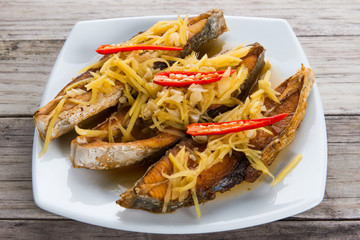 Deep fried fish with ginger and soy sauce