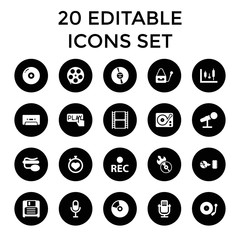 Record icons. set of 20 editable filled record icons