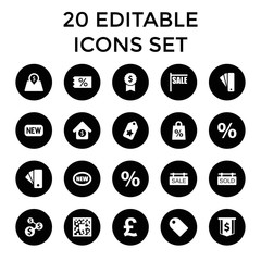 Price icons. set of 20 editable filled price icons