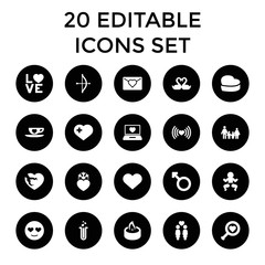 Love icons. set of 20 editable filled love icons