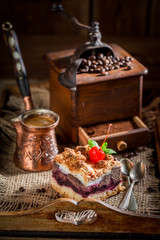 Sweet cherry pie with pot boiled coffee