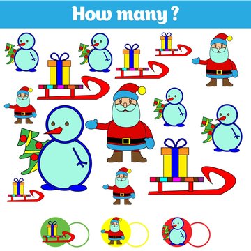 Counting educational children game, kids activity sheet. How many objects task. Learning mathematics, numbers. Vector illustration
