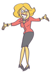Woman in welcoming or offering pose with insincere and forced smile on her face, isolated vector cartoon with white background