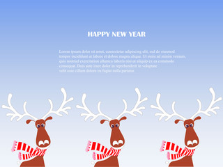 Fototapeta na wymiar Cartoon fan, cute reindeers in red striped scarf with white horns, Lorem ipsum on blue, snow, Happy New Year stock vector illustration for typography banner, for congratulation 
