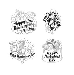 Thanksgiving day festival logo collection with basket, vegetables, turkey and text. Vector illustration.