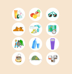 Touristic equipment icon collection. Vector illustration.