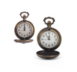 Plakat Antique bronze pocket watch showing several minutes before midnight, isolated on white background. The concept of time, past or deadline.