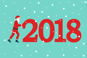 Happy New Year 2018. Santa Claus push big numeral 2018. Beginning of new year. Congratulations, greetings. Isolated on snow background. Vector illustration flat design. Merry Christmas.
