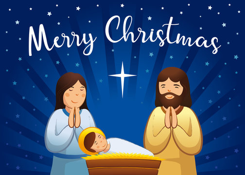Christmas nativity greeting card, Holy family scene. Vector illustration birth of Christ, with baby Jesus, prayer Mary and Joseph and star of bethlehem on night background
