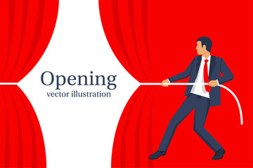 Businessman hands pull rope red cloth. Grand opening concept. Ceremony, celebration, presentation and event. Vector illustration flat design. Isolated on white background.
 - obrazy, fototapety, plakaty