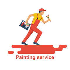 Painter holding in hand toolbox with painting tools. Set of tools for painting. Vector illustration of flat design style. Human runs to provide construction work. Customer Service.