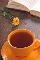 Autumn still life cup of tea on the table