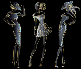 Set of gold neon fashion woman silhouette, beautiful fashion model on black background logo vector illustration