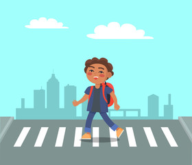 Smiling Boy at Crosswalk on Urban City Background.