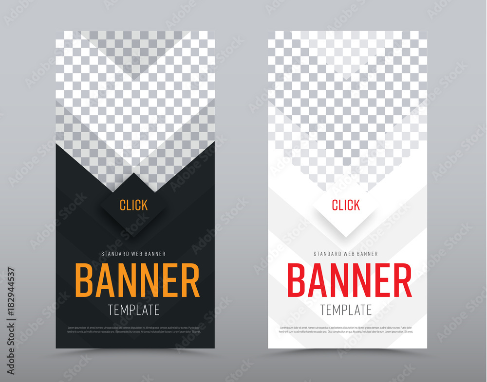 Poster design of black and white vector vertical web banners with arrows and place for photo.