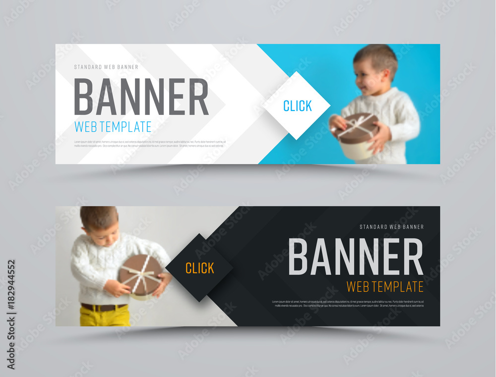 Aufkleber Templates of black and white vector horizontal web banners with arrows and a place for a photo. Minimalist design. Set. Blurred image for example
